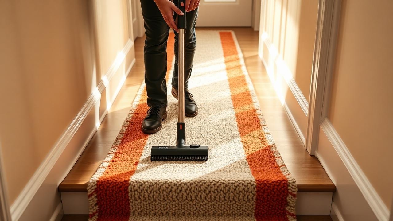 Finished wool stair runner on a hallway staircase