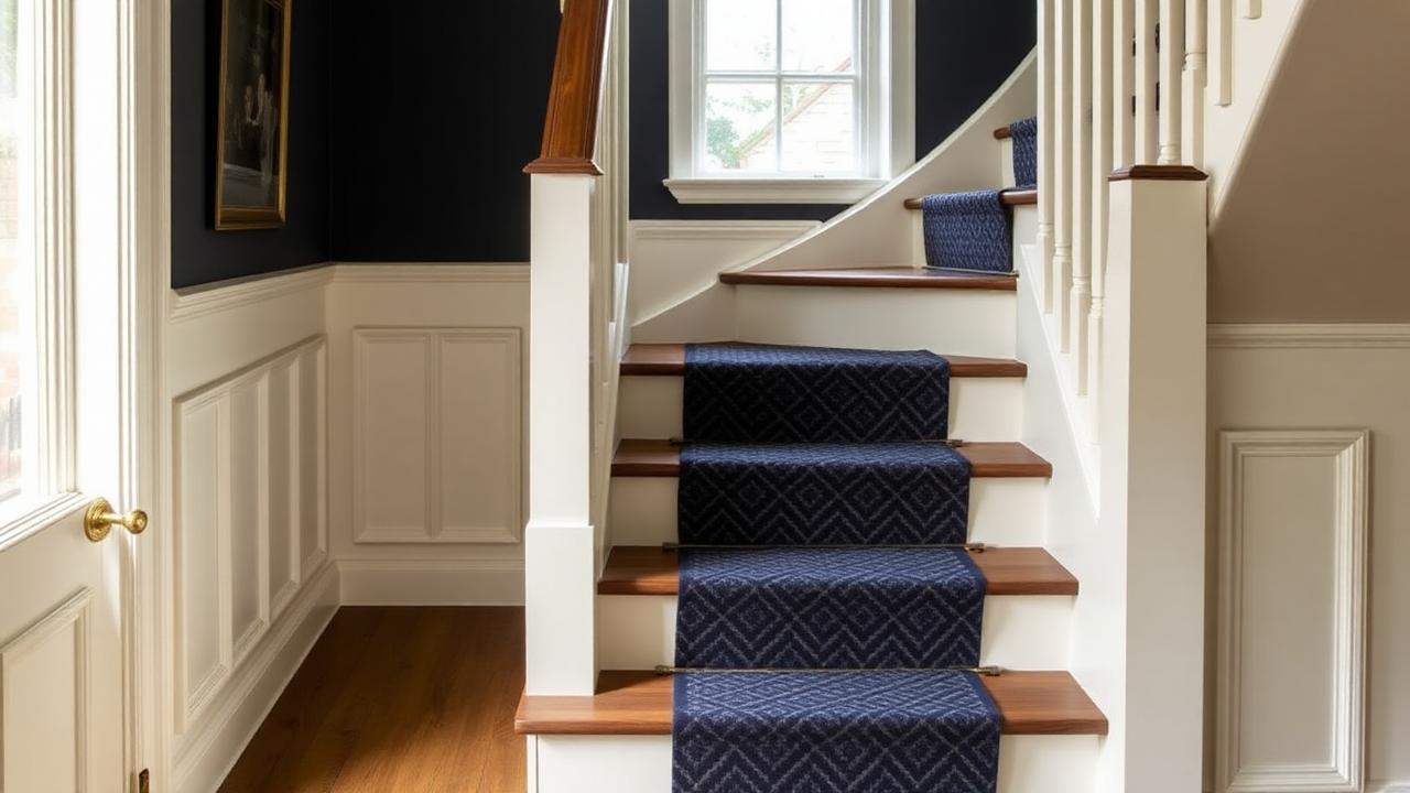 Deep red stair runner with brass rods on a period staircase