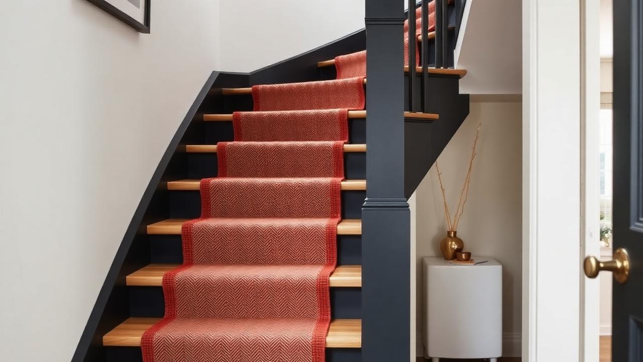 Close-up of wool herringbone weave on a stair runner