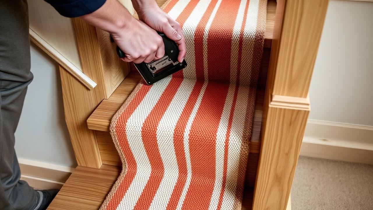 Runner edge being worked loose along the crease of a step